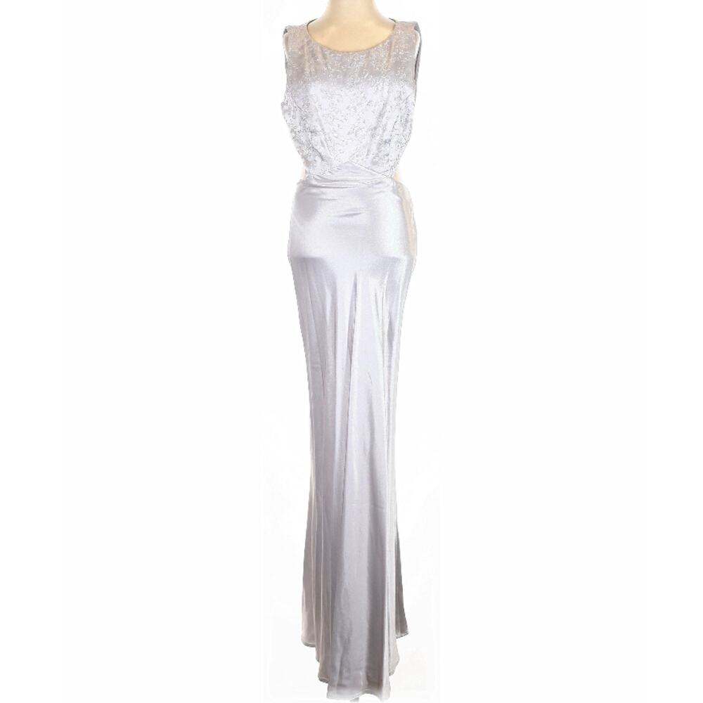 Vintage Cache Y2K Silver Gray Embroidered Bodice Full Length Formal Gown 5/6 XS